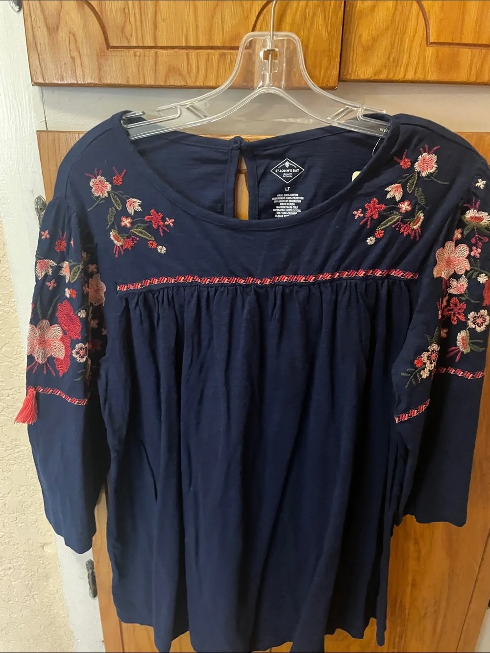 St. John's Bay Navy Tunic with Pink Floral Embroidery - Picture 3 of 7